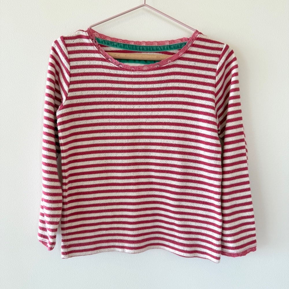 Mini Boden Pink White Striped Long Sleeve Top Lace Eyelet Detail Girls 4-5Y - Picture 2 of 4